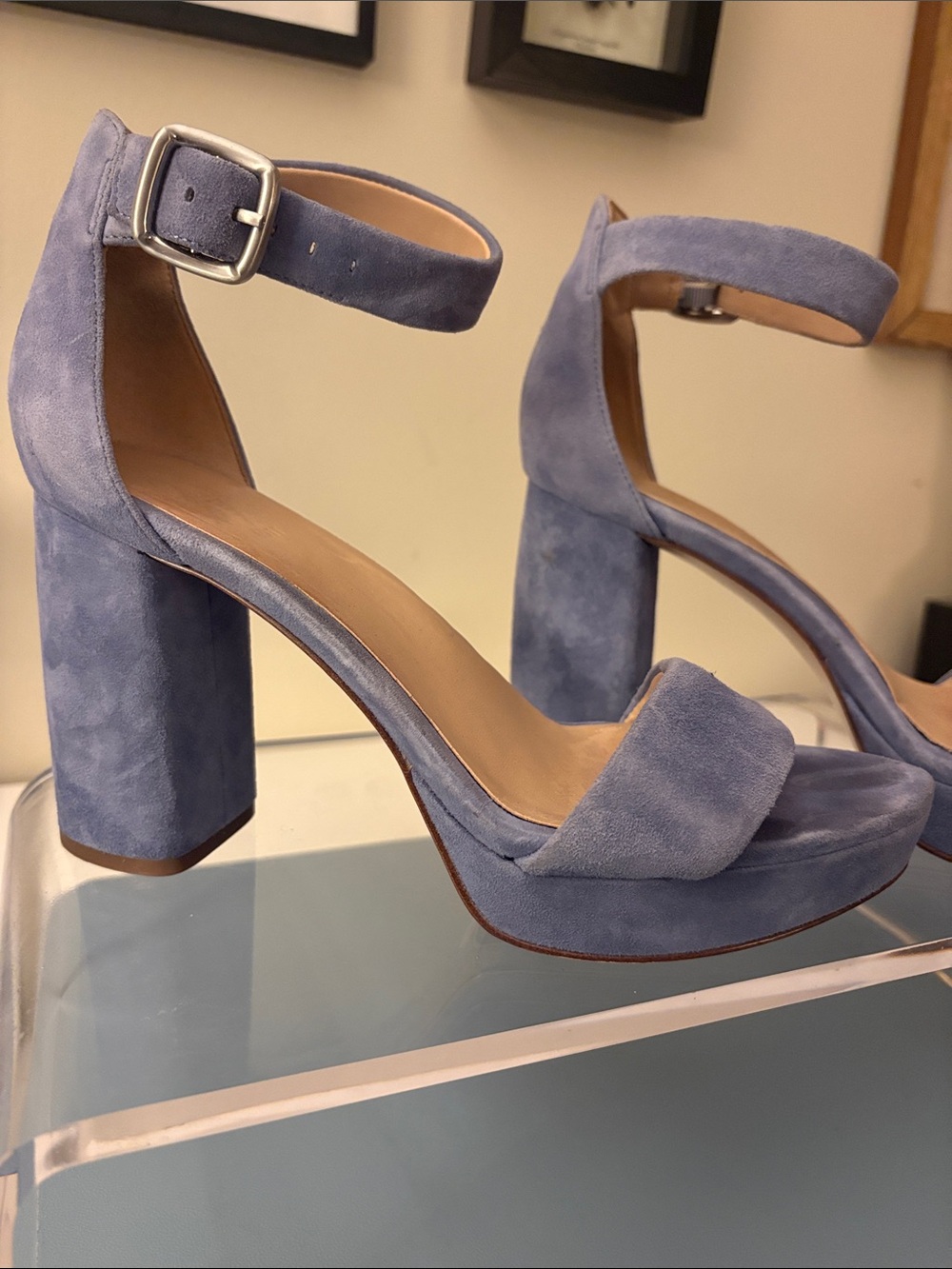 Suede Ankle-Strap Platform Sandals in Lavender Blue